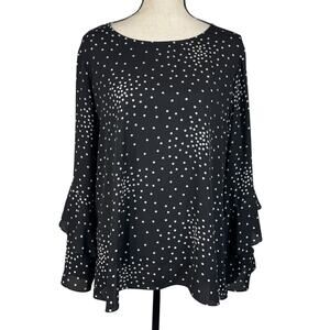 Worthington X-Large Top Polka Dot Long Flared Sleeves Keyhole Semi-Sheer Black